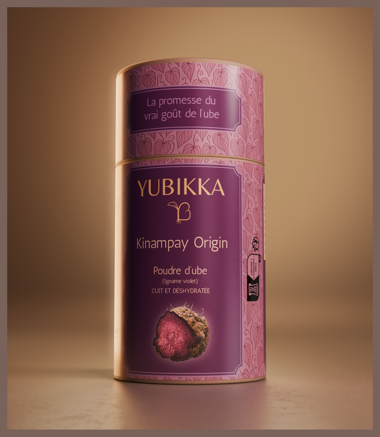 Présentation 3D du packaging yubikka avec la poudre d'ube à l'interieur